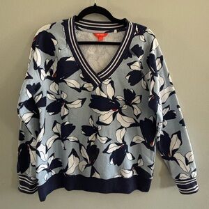 Joe Fresh Floral Deep V-Neck Sweater Light Blue & Navy Sz. Medium Varsity